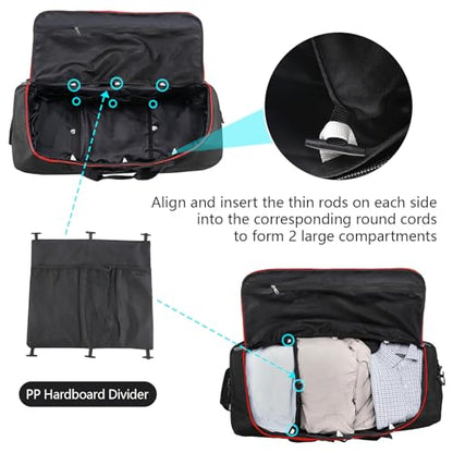 110L Expandable to 140L 32” Foldable Oxford Soft-Sided Rolling Duffle Bag with 2 Heavy-Duty Wheels,2 Large Compartments,Adjustable Shoulder Strap and Attached Organizer Pouch,Black Red - color: Black Red