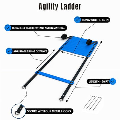 Complete Agility Ladder Training Set - 20ft Speed Ladder, 6 Adjustable Hurdles, 20 Cones, 5 Resistance Bands, 2 Speed Training Parachutes, Jump Rope, Nylon Carry Bag & Stakes