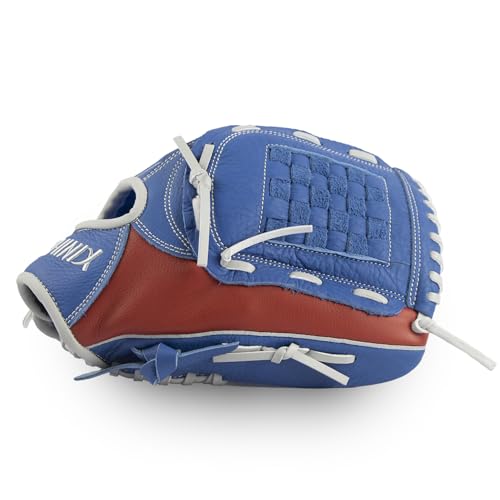 PHINIX Full Grain Leather Baseball Glove Sizes 11Inch -12 Inch - color: Blue&Red, size: 12"