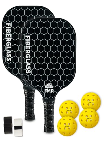 Pickleball Paddles Set of 2 with 4 Balls - USAPA Approved Fiberglass Surface, Lightweight, Non-Slip Grip - Premium Paddle Set for All Skill Levels Indoor & Outdoor - color: Black