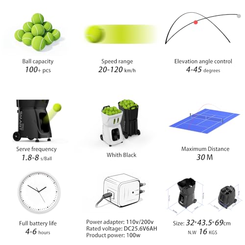 PT-SMARTPro Tennis Ball Machine - Professional Auto Ball Server with App for Apple Watch Control, 20 Landing Points & Variable Speed, Tennis Trainer with Multi-Angle System (4-6H Runtime) - color: Black