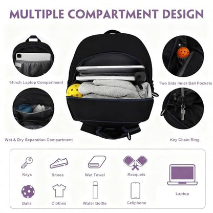 Pickleball Bags, 30L Deluxe Waterproof Pickleball Backpack with Shoe Compartment for Men Women Pickle Ball Gift Accessories for Pickball Lovers (Black) - color: Black