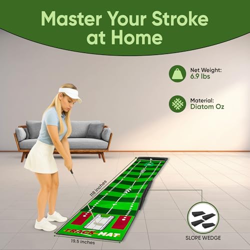 Golf Putting Mat 10ft, Indoor & Outdoor Portable Putting Green with Ball Bouncer, Putting Cup, Alignment Mirror, Roller Brush and Adjustable Slope Wedges, Ideal Practice Mat for Home or Office