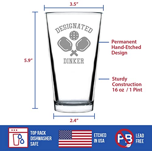 Bevvee Designated Dinker - Pint Glass for Beer - Funny Pickleball Themed Decor and Gifts - 16 oz Glasses - style: Set of 1