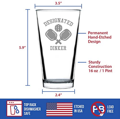 Bevvee Designated Dinker - Pint Glass for Beer - Funny Pickleball Themed Decor and Gifts - 16 oz Glasses - style: Set of 1