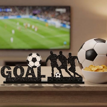 Smile Soccer GOAL Wooden Standing Decor Set, 2-Piece Black Player Silhouette & Text Tiered Tray Tabletop Signs with Stands for Game Day & Sports Party Decorations - style: Letter Goal