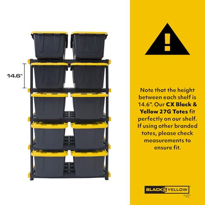 CX Black & Yellow, 5-Tier Heavy Duty Plastic Storage Shelves that Support up to 200lbs/shelf, Organization and Storage, Weather-Resistant Design, Easy Assembly (72”H x 48”W x 20”D)