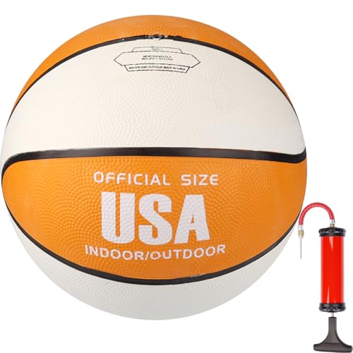Rubber Basketball Indoor Outdoor | Official Size 5 & 7 Street Basketball with Pump | Durable Deep Channel Grip Ball for Training & Recreational Play - color: White + Orange, size: 5