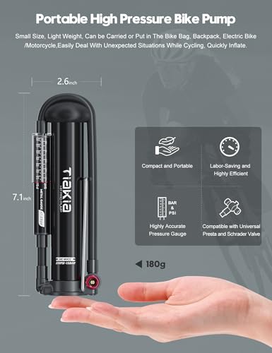 Tiakia Bike Pump with Gauge, High Pressure Bicycle Pump High Volume Portable Hand Air Pump Fit Presta, Schrader Valves Aluminum Bike Tire Pump for Mountain Road Bike, Strollers, Balls