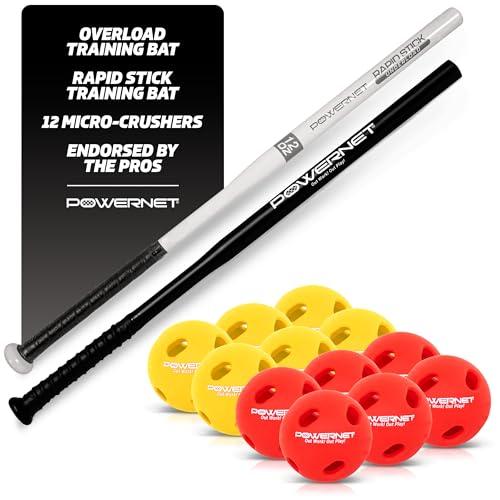 PowerNet Overload and Underload Training Bats, Rapid Stick or Overload Bat, Slim Barrel Design, Build Hand-Eye Coordination - color: Black Overload and White Rapid Stick Bundle w/ Balls