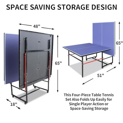 8ft Foldable Ping Pong Table Set, Mid-Size Portable Table Tennis Table with Net, Paddles & Balls, Indoor Outdoor Game Table for Home, Office, and Playroom