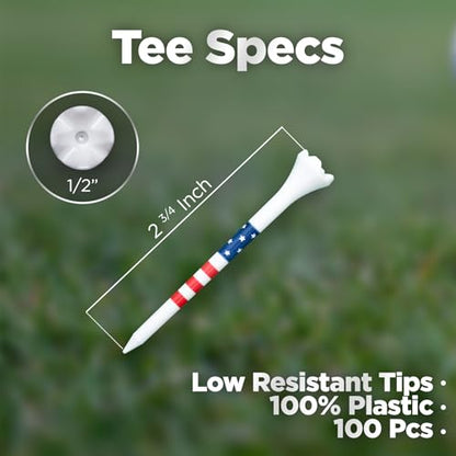 2 3/4" 100 American Golf Tees Plastic | 5 Black & 5 White Brim Clips for Plastic Tees | Simulator Tee | Driving Range Tee | Designed for Less Friction & Longer Drives | Stars & Stripes USA