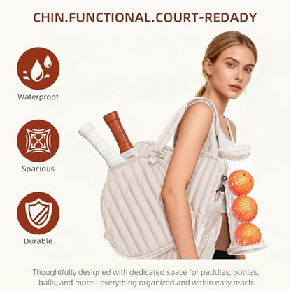 Women's Pickleball Bag with Ball Bag, Waterproof Pickle Ball Bag Tote Shoulder Bag - color: Cream