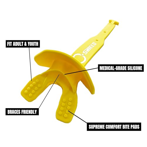 O Shield Striker Football Mouth Guard with Connected Strap, No Boil Brace Friendly Lip Guard for Tackle Football, Youth and Adult - color: Yellow / Gold