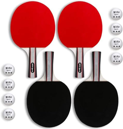 N1fit Ping Pong Paddles - Set of 4 High-Performance 5-Ply Rackets, 8 Professional 3-Star Table Tennis Balls, Portable Storage Case for Indoor-Outdoor Games