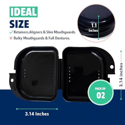 Retainer Case - Pack of 2 - Odorless Mouth Guard Case-Retainer Holder-Ventilated, Durable & Hygienic Guard Case for Carrying and Protecting Braces, Partial Dentures & Aligners-Black-3.14 x 3.14 x 1.1