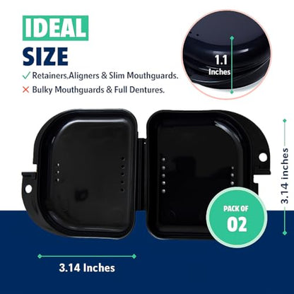 Retainer Case - Pack of 2 - Odorless Mouth Guard Case-Retainer Holder-Ventilated, Durable & Hygienic Guard Case for Carrying and Protecting Braces, Partial Dentures & Aligners-Black-3.14 x 3.14 x 1.1