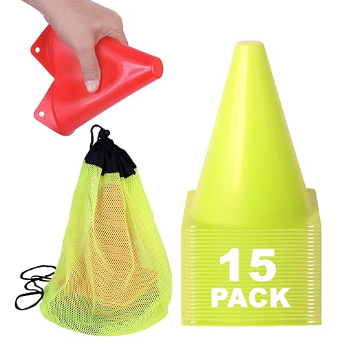 Athllete Cones for Sports Training, 7 Inches Tall & Visible, Durable and Easy to Handle Sports Cones, Ideal for All Kinds of Training Cones Activities and Field Practice Sport - color: 15 Pack, Neon Yellow