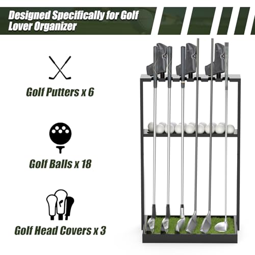 Golf Putter Stand, Premium Wooden Golf Club Rack for 6 Clubs, 18 Balls & 3 Putter Covers Storage, Golf Putter Stand, Floor Display Rack for Indoor Home Office Club Simulator