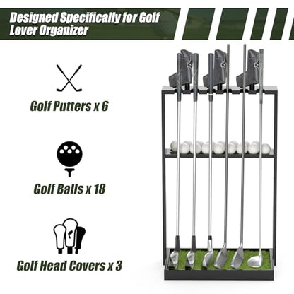 Golf Putter Stand, Premium Wooden Golf Club Rack for 6 Clubs, 18 Balls & 3 Putter Covers Storage, Golf Putter Stand, Floor Display Rack for Indoor Home Office Club Simulator