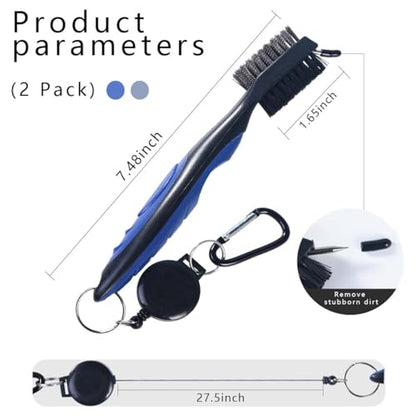 OBTANIM 2 Pack Golf Club Brush Groove Cleaner Tools with Retractable Zip-line Aluminum Carabiner for Golf Club Bag Accessories - color: Blue and Gray