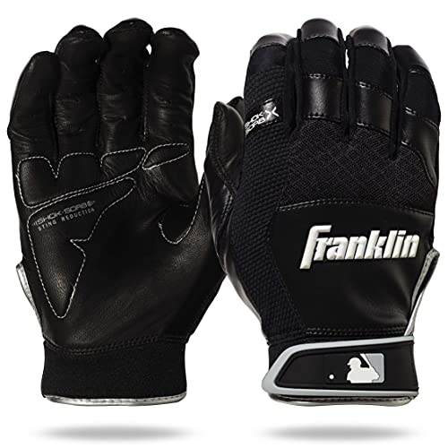 Franklin Sports MLB Baseball Batting Gloves - Shok-Sorb X Batting Gloves for Baseball + Softball - Adult + Youth Padded Non-Sting Batting Glove Pairs - Multiple Colors + Sizes - color: Black/Black, size: Adult Small