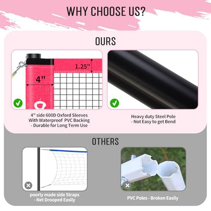 20ft Outdoor Volleyball & Badminton Combo Net Set for Backyard Beach with Adjustable Poles, Durable Anti-Sag Net, PU Volleyball, 2 Aluminum Rackets - color: Pink