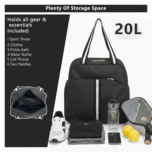 Pickleball Bag for Women Men, Large Pickleball Backpack with Shoe Compartment, Pickle Ball Bag with Paddle Cover Pocket Holds 2 Paddles - color: A-Striped Black