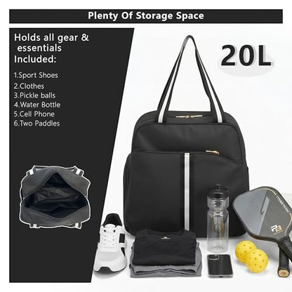 Pickleball Bag for Women Men, Large Pickleball Backpack with Shoe Compartment, Pickle Ball Bag with Paddle Cover Pocket Holds 2 Paddles - color: A-Striped Black