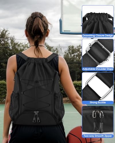 BROTOU Soccer Bags, Football Backpack, Volleyball Bag, Drawstring Soccer Backpack with Ball and Shoe Compartment - color: Black