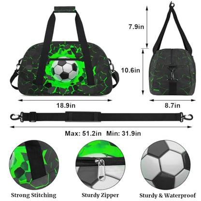 Green Soccer Kids Duffel Bag for Boys, Football Sports Gym Bag Overnight Travel Weekender Bag Lightweight Carry On Sleepovers Bag for School Practice Gymnastics - color: Soccer