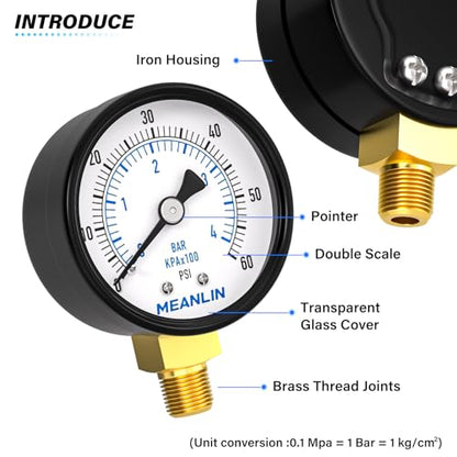 0-60Psi 2" DIAL FACE 1/8" NPT Well Pump Pressure Gauge, with 1/4" NPT and 3/8" NPT Hex Bushing, 3-2-3% Accuracy, Lower Mount - size: 0-60Psi, style: 1/8"NPT Lower Mount
