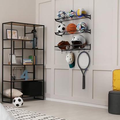 BTY Ball Holder Wall Mount Garage Sports Equipment Organizer 3 Separate Wall Ball Storage Rack with 6 Hooks for Basketball Football Soccer Volleyball
