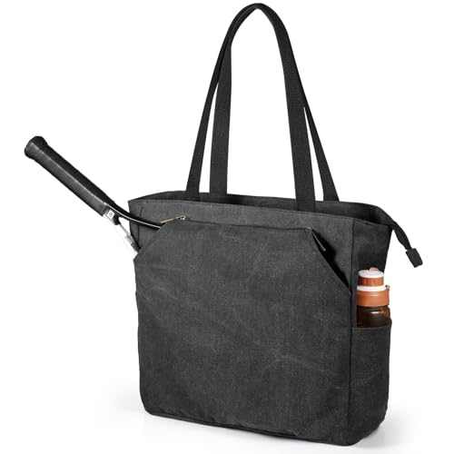 SMRITI Tennis Tote Bag Canvas, Large Sports Handbag Tennis Racket Bag for Women, Portable Tennis Racquet Shoulder Bag for Badminton, Pickleball, Padel - color: Black