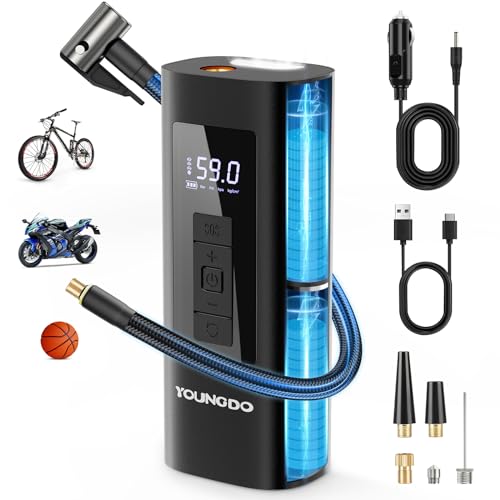 YOUNGDO Tire Inflator Portable Air Compressor, 150 PSI Air Pump with Pressure Gauge and LED Light for Car, Motorcycle, Bike and Balls