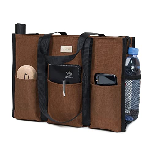 TOPDesign Utility Water Resistant Tote Bag with 13 Pockets, Top Zipper Closure & Thick Bottom Support, for Working Women - color: Brown, size: Medium