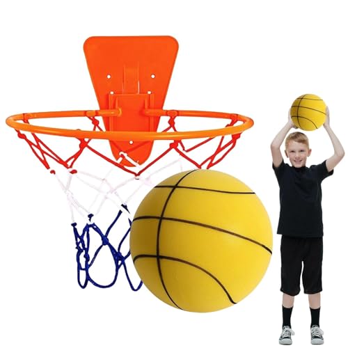 Silent Basketball Hoop and Ball, 18cm Wall Mounted Basketball Hoop Indoor, Noiseless Foam Elastic Sponge Ball WithHoop, SilentBall Professional Indoor BasketballFrame - color: Yellow
