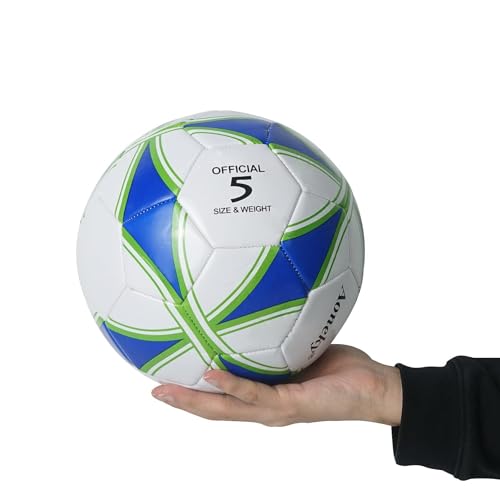 Aoneky Adult Size 5 Traditional Soccer Ball - Ships Deflated, Pump Included - color: White/Blue, style: 5-Pack Deflated Ball with Pump
