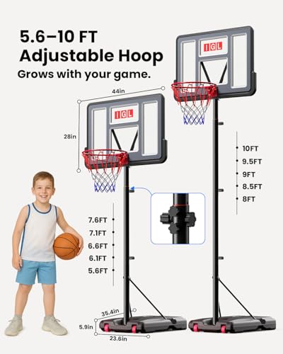 IGL Portable Basketball Hoop, 5.6-10FT Adjustable Basketball Goal System, 40/44 Inch Outdoor Basketball Hoop & Goals for Kids, Youth, and Adults in The Backyard, Driveway with PC Backboard - color: Gray