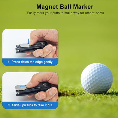 Golf Divot Repair Tool, 1 Pack, Black Metal Foldable Golf Repair Kit with Magnetic Putt Alignment Ball Marker & Pop-up Button Ball Marker, Stainless Steel Ball Marker Switchblade for Golfers