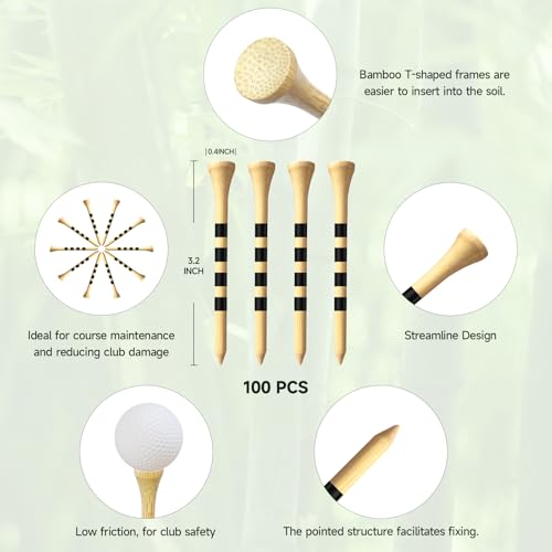 100 Pcs Natural Bamboo Golf Tees, 3-1/4 Inch Biodegradable Tees for Men & Women, Environmentally Friendly for Driving Range & Practice