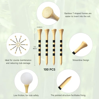 100 Pcs Natural Bamboo Golf Tees, 3-1/4 Inch Biodegradable Tees for Men & Women, Environmentally Friendly for Driving Range & Practice