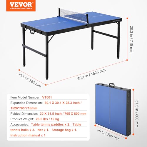 VEVOR Ping Pong Table, Mid-Size Table Tennis Game, Indoor MDF Table Tennis Table, Foldable Portable Complete Ping Pong Table Set with Net, 2 Paddles, 3 Balls, Carry Bag, Handle (No Assembly Required)