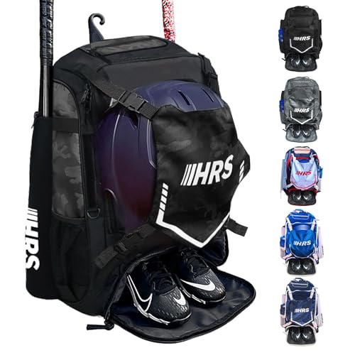 Hit Run Steal Bat Bag Backpack, Holds 4 Bats, Gloves, Helmet, and Cleats, Black Camo