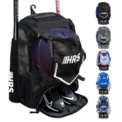 Hit Run Steal Bat Bag Backpack, Holds 4 Bats, Gloves, Helmet, and Cleats, Black Camo