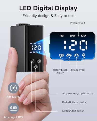Mini Bike Pump, EXTRACTME Portable Bicycle Tire Inflator with Digital Pressure Gauge for Road, Mountain, E-Bike, City Bikes, Dual Valve Compatible (Schrader/Presta) - Motorcycle Tires & Ball Pump
