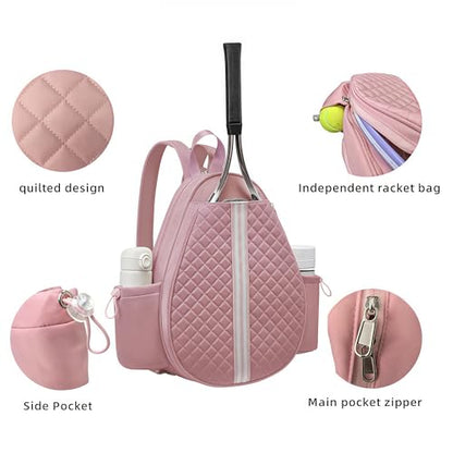 Tennis bag for women - Quilted Sling Grid Design Water repellent Two Side Pockets Dry wet separation independent pocket Friend couple gift - color: pink