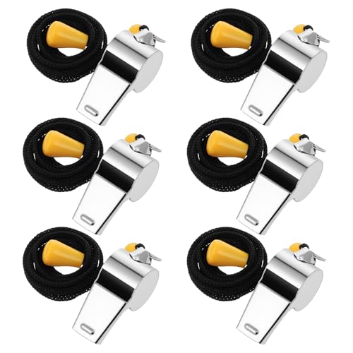 6 Pcs Metal Whistle, Stainless Steel Coach Whistle with Lanyard Buckle, Loud Crisp Sound Emergency Referee Whistles for Coaches, Lifeguards, Teachers & Sports Training, Silver