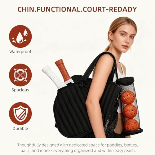 Women's Pickleball Bag with Ball Bag, Waterproof Pickle Ball Bag Tote Shoulder Bag - color: Black