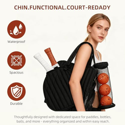 Women's Pickleball Bag with Ball Bag, Waterproof Pickle Ball Bag Tote Shoulder Bag - color: Black